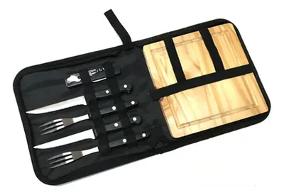Set Parrillero Bbq Con Tabla Madera Y Estuche Poliéster