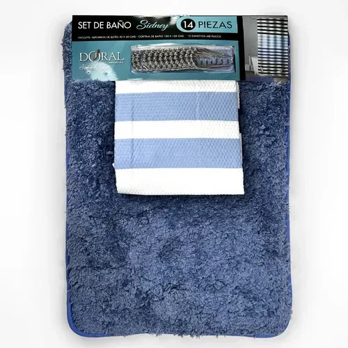 Set De Baño Completo Poliéster Franjas Azul