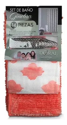 Set De Baño Cortina Alfombra Ganchos Poliéster Coral