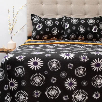 Set De Sábanas Polar Estampadas 2 Plazas Flor Negro Salmón Verde Oscuro
