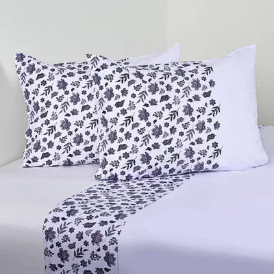 Set De Sábanas Estampadas 144 Hilos 2 Plazas Algodón Poliéster Blanco