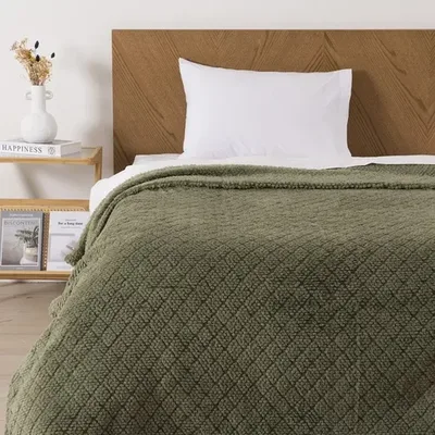 Frazada Sherpa Jacquard 1.5 Plazas Térmica Verde