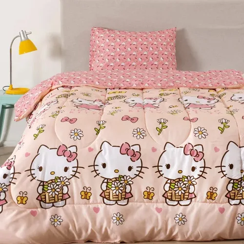Plumón Reversible 1.5 Plazas Hello Kitty Poliéster Coral Claro