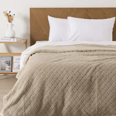 Frazada Sherpa Jacquard King Térmica Suave Beige
