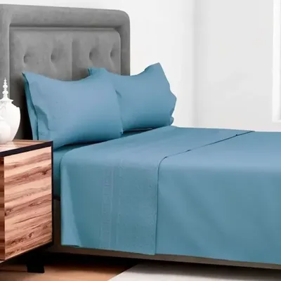 Set De Sábanas 144 Hilos Algodón Poliéster 2.5 Plazas Azul