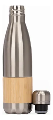 Botella Termica Plateado Con Detalle En Madera Claro