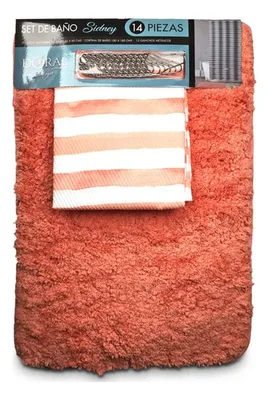 Set De Baño Cortina Alfombra Ganchos Poliéster Coral