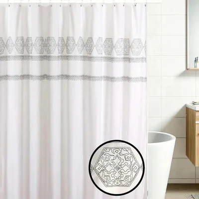 Cortina De Baño Bordada Mandala Poliéster 180x180 Gris