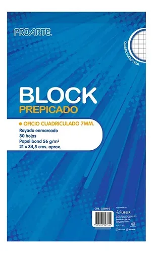 Block Prepicado Oficio 80 Hojas Cuadriculado 7mm Proarte