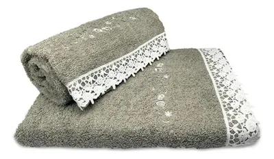 Set De 2 Toallas Bordadas Algodón Macramé Gris