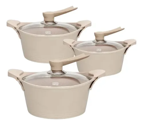 Batería De Cocina Aluminio 6 Piezas Antiadherente Beige