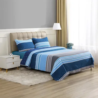 Set De Sábanas Polar Franjas Azul Celeste 2 Plazas Verde Oscuro