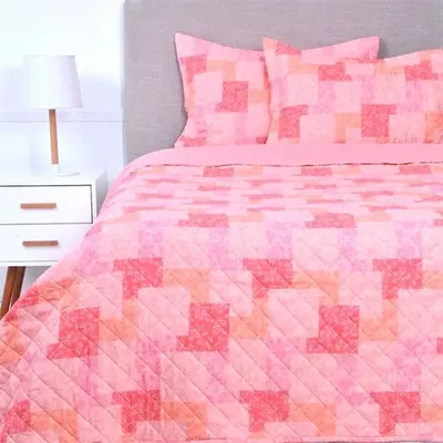 Quilt Cosido Patchwork 1.5 Plazas Reversible Poliéster Coral Claro