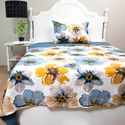 Quilt Hotpress Estampado 1.5 Plazas Flores Mostaza Coral Claro