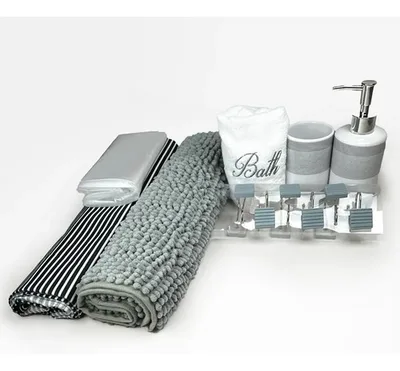 Set De Baño Cortina 18 Piezas Franjas Gris Gris