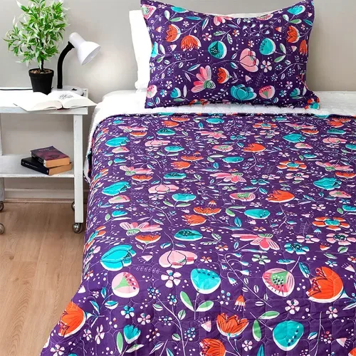 Quilt Sherpa Infantil 1.5 Plazas Floral Poliéster Coral Claro