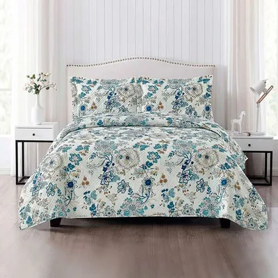Quilt Estampado 2.5 Plazas Poliéster Flor Azul Azul