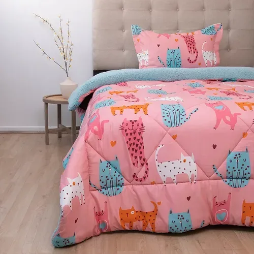 Plumón Sherpa Estampado Kids 1.5 Plazas Gatos Coral Claro