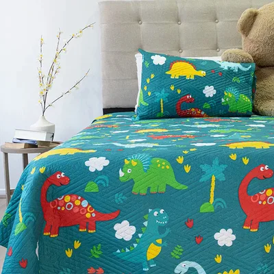 Quilt Infantil Estampado Dinosaurios 1.5 Plazas Coral Claro