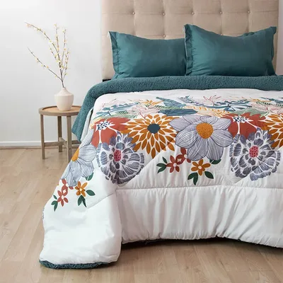 Plumón Sherpa Estampado Deluxe 2 Plazas Floral Coral Claro