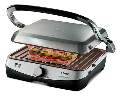 Plancha Grill Panini Oster 1500w Cerámica Plata/negro