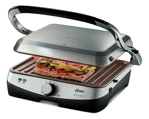 Plancha Grill Panini Oster 1500w Cerámica Plata/negro