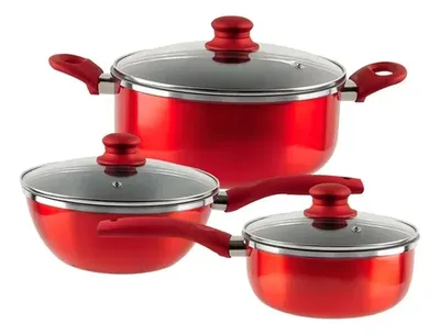 Batería De Cocina Aluminio Titanio 6 Piezas Antiadherente Rojo