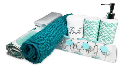Set De Baño 18 Piezas Cerámica Diseño Hojas Turquesa