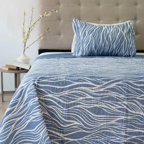 Quilt Hotpress Estampado 1.5 Plazas Ondas Azul Coral Claro