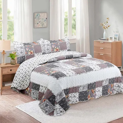 Quilt Patchwork Flores Lila Gris 2 Plazas Coral Claro