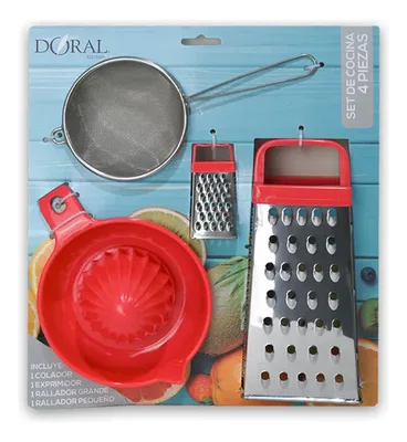 Set De Cocina 4 Piezas Rallador Exprimidor Colador Rojo