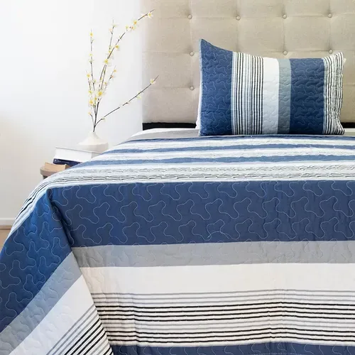 Quilt Stitchy Estampado 1.5 Plazas Franjas Azul Blanco Coral Claro