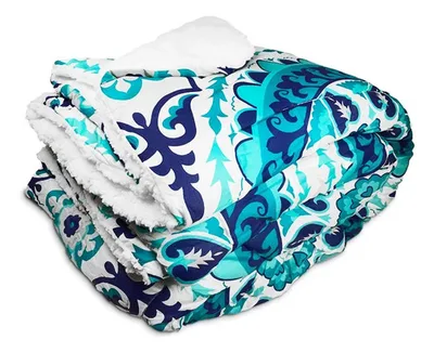 Plumón Sherpa Estampado 2 Plazas Mándala Azul Coral Claro