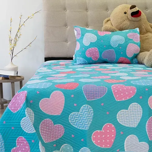Quilt Infantil Estampado Corazones 1.5 Plazas Poliéster Coral Claro
