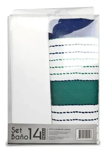 Cortina De Baño Poliéster Franjas Azul Turquesa Coral Claro