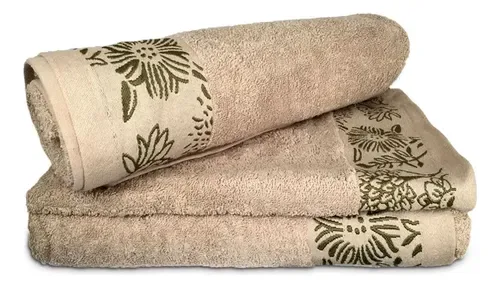 Set De 3 Toallas Bordadas Algodón Luxor Beige Bordado Floral