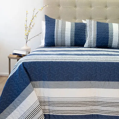 Quilt Stitchy Estampado 2 Plazas Franjas Azul Blanco Coral Claro