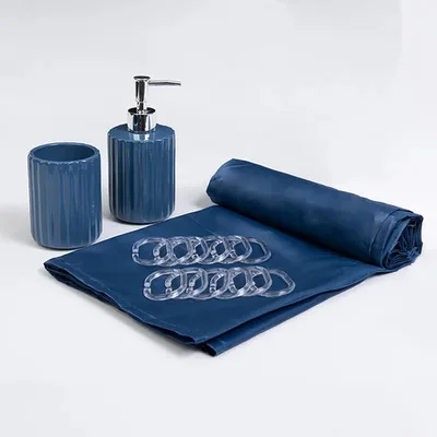 Set De Baño 4 Piezas Cortina Poliéster Accesorios Coral Claro