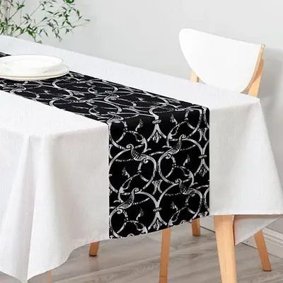 Set Mantel Camino De Mesa Poliéster Blanco Negro Coral Claro