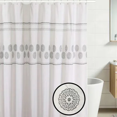 Cortina De Baño Bordada Mandala Poliéster 180x180 Gris