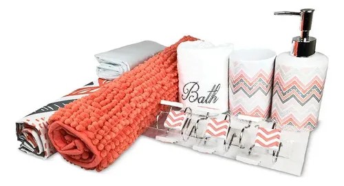 Set De Baño 18 Piezas Cerámica Diseño Hojas Coral Claro