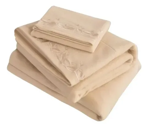Set De Sábanas Polar Bordada 2 Plazas Beige Beige