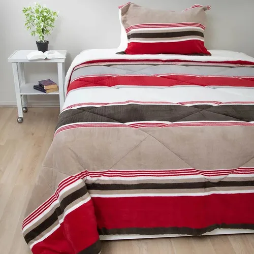 Cubrecama Sherpa Térmico 1.5 Plazas Franjas Coral Claro