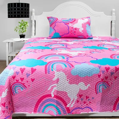 Quilt Infantil Estampado Unicornios 1.5 Plazas Coral Claro