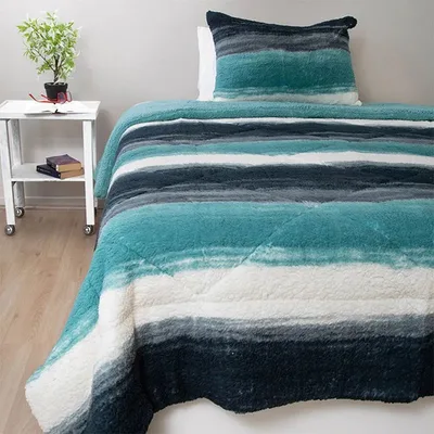 Cubrecama Sherpa Térmico 1.5 Plazas Franjas Coral Claro