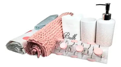 Set De Baño 18 Piezas Cerámica Diseño Hojas Coral Claro