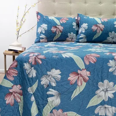 Quilt Stitchy Estampado 2 Plazas Flor Azul Burdeo Coral Claro