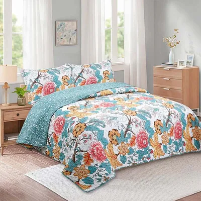 Quilt Estampado Reversible 2.5 Plazas Flores Coral Claro