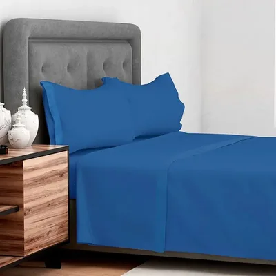Set De Sábanas 144 Hilos Algodón Poliéster 1.5 Plazas Azul