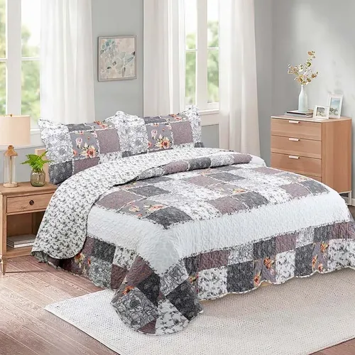 Quilt Patchwork Flores Lila Gris 1.5 Plazas Coral Claro